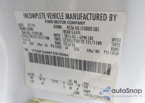 2015 Ford F-250 Xl from USA, damaged, VIN 1FDBF2A68FEB15684